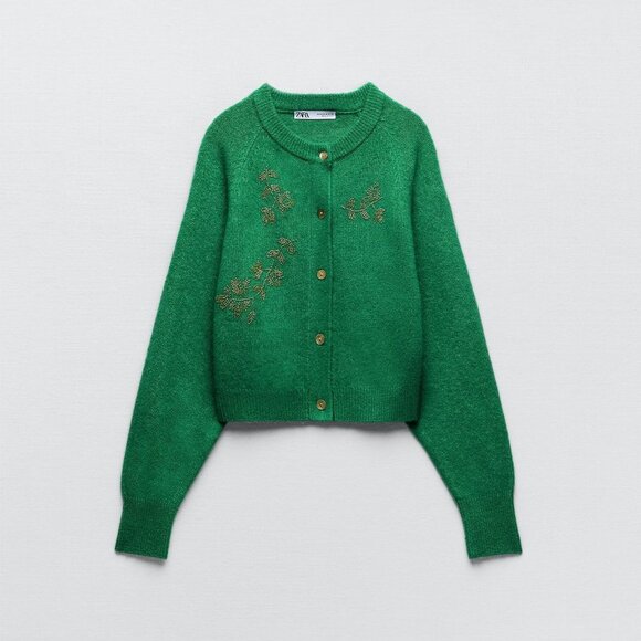 Green Zara Wool-Mix Bead Embellished Cropped Button-Front Sweater Cardigan (NWT) - Picture 10 of 10
